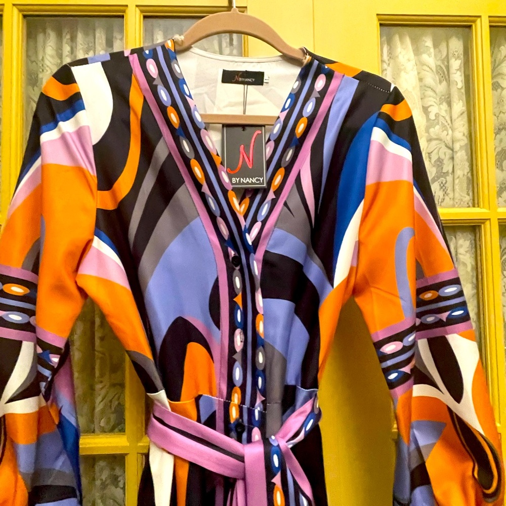 N by Nancy Pucci-like long dress. Flowy sleeves. Flattering belt/sash.